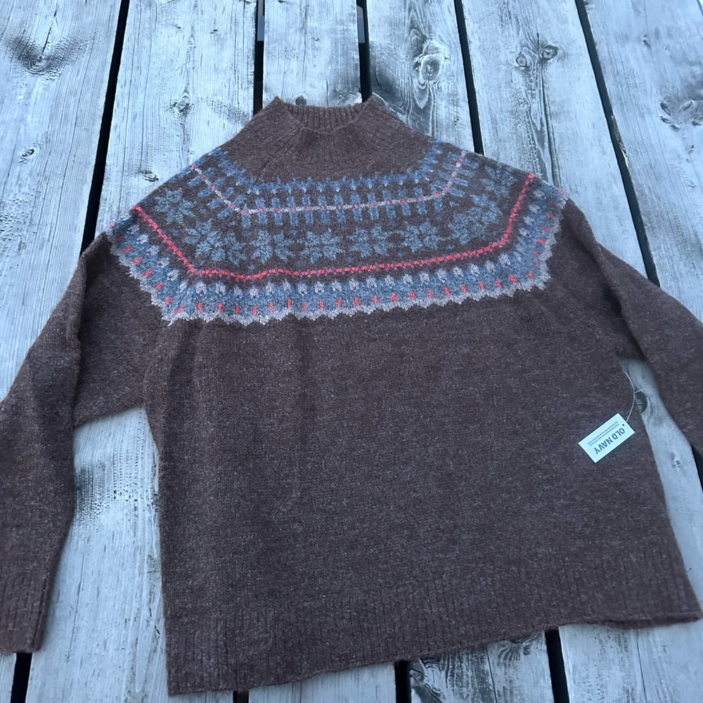 NWT Old Navy Brown Fair Isle Wool Blend Pullover Sweater w/ Blue Accents (14) - Picture 7 of 10